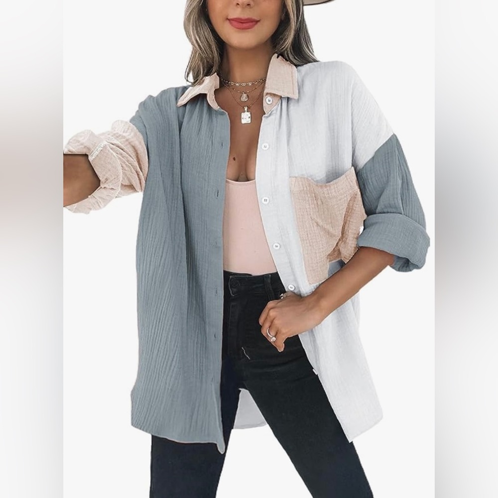 Dokotoo Pink/Grey/White Linen Oversized Long Sleeve Colorblock Button Down Shirt